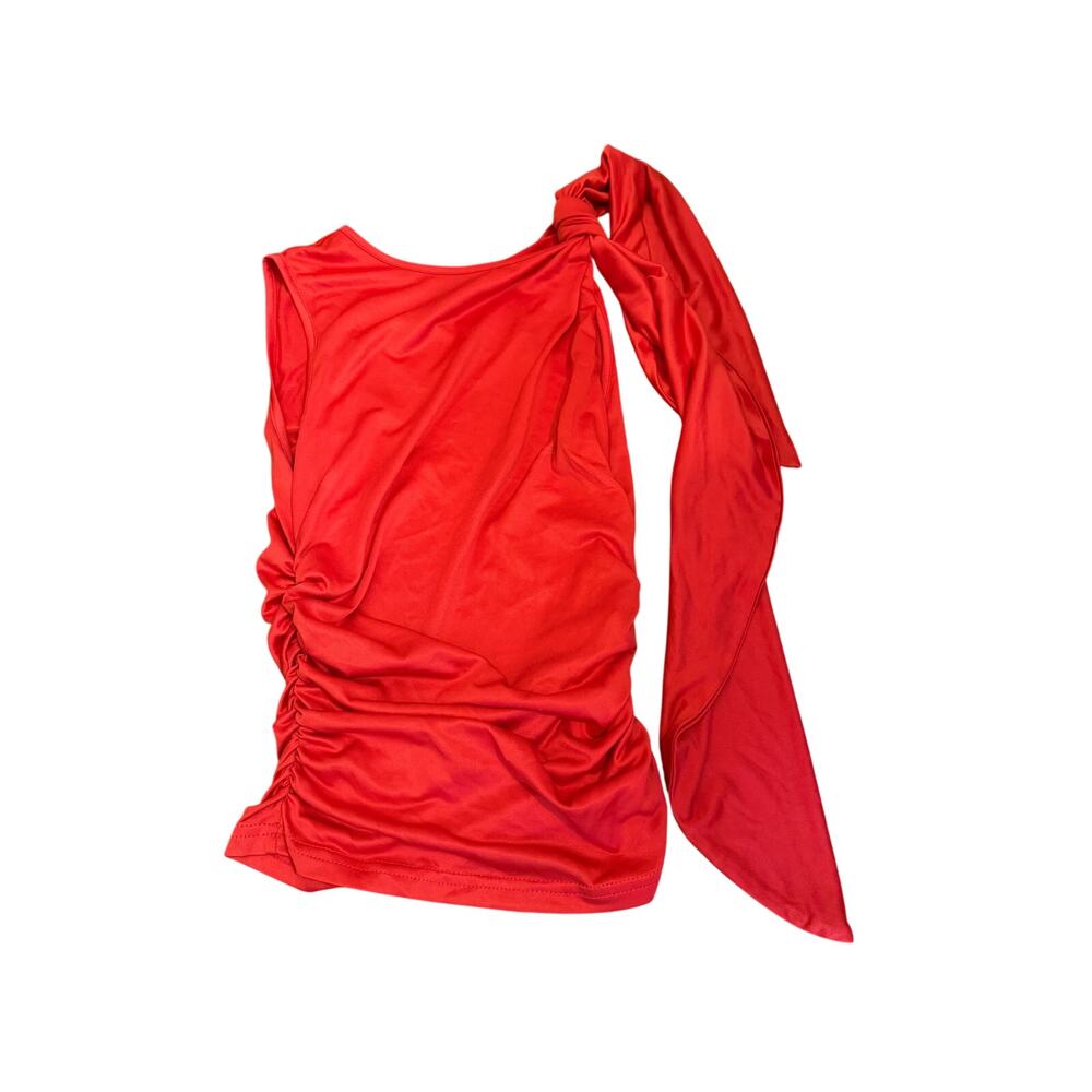 Superdown Red Shoulder-Tie Sleeveless Poly Ruched Side Top - Small
